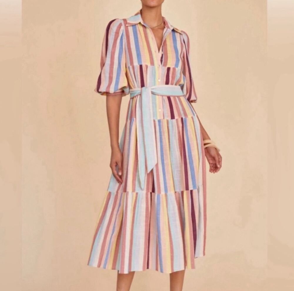 Hunter Bell Clayton Maxi Belted Tiered Shirt Dress Large Retired Cotton